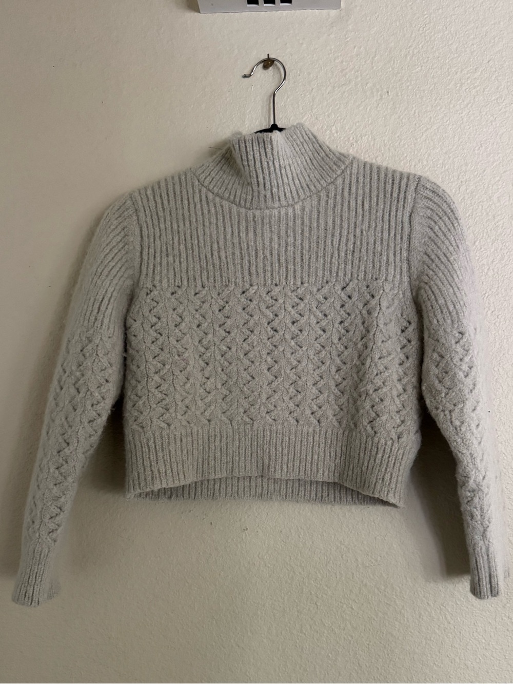 Rebecca Taylor Light Gray Cropped Cable-Knit Turtleneck Sweater